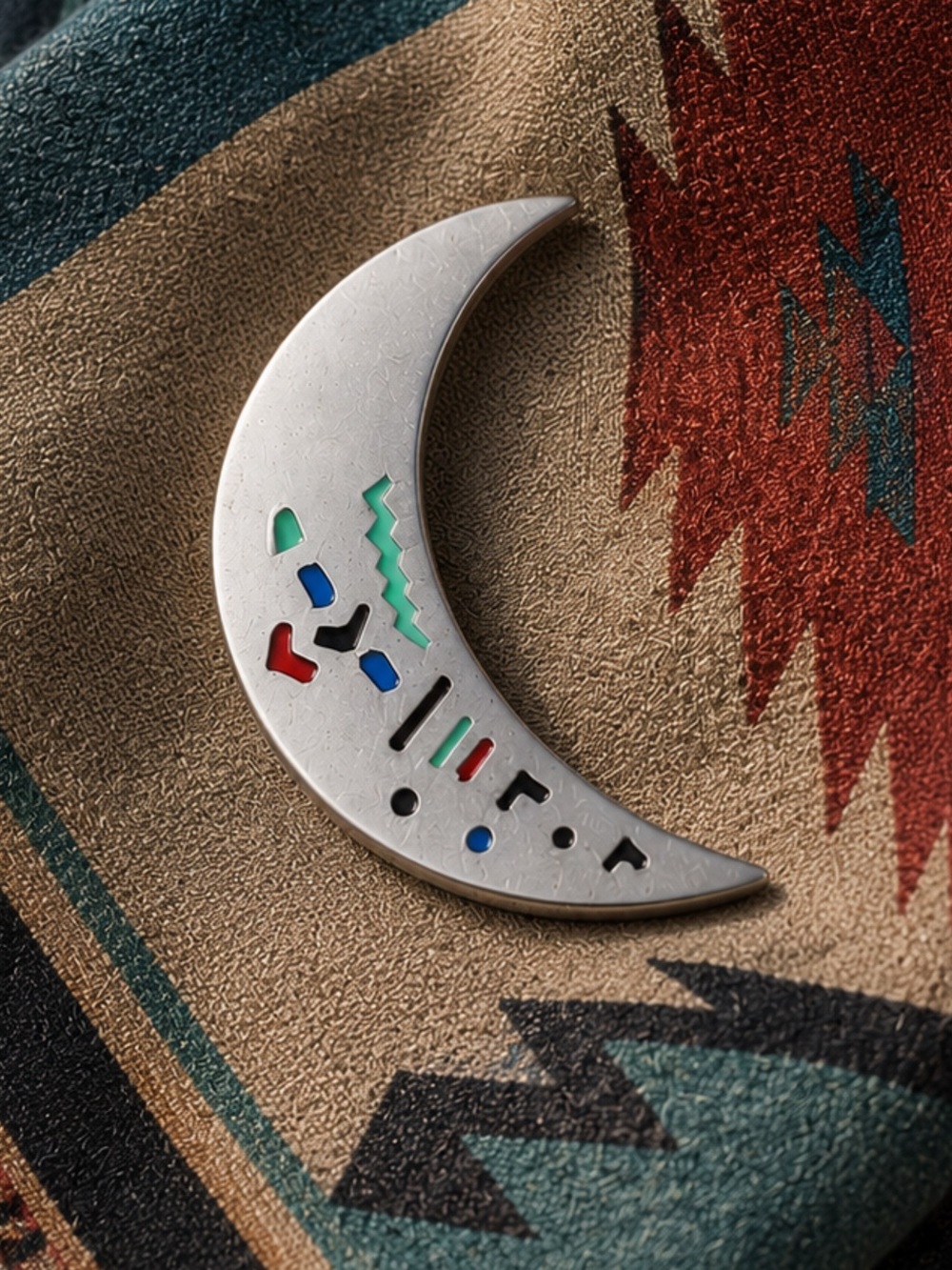 Brooch Sterling Silver Crescent Moon Enamel Inlay Vintage Southwestern